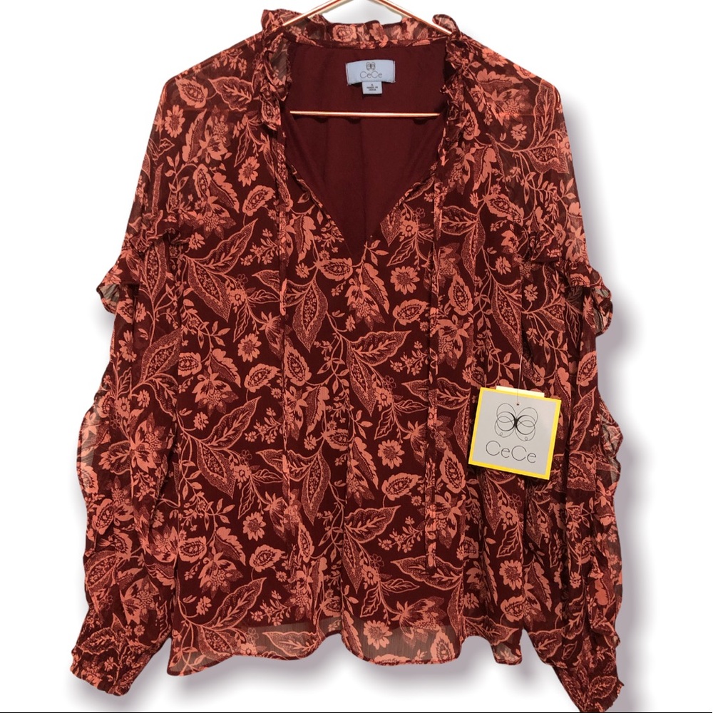 NWT - CeCe Lava Flower Ruffle Blouse